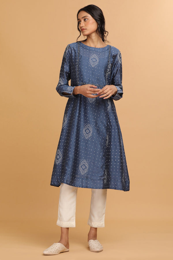 Indigo Hand Block Print kurta in Cotton Silk