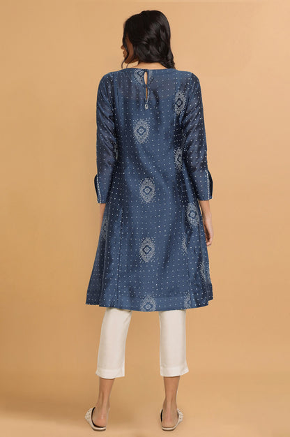 Indigo Hand Block Print kurta in Cotton Silk