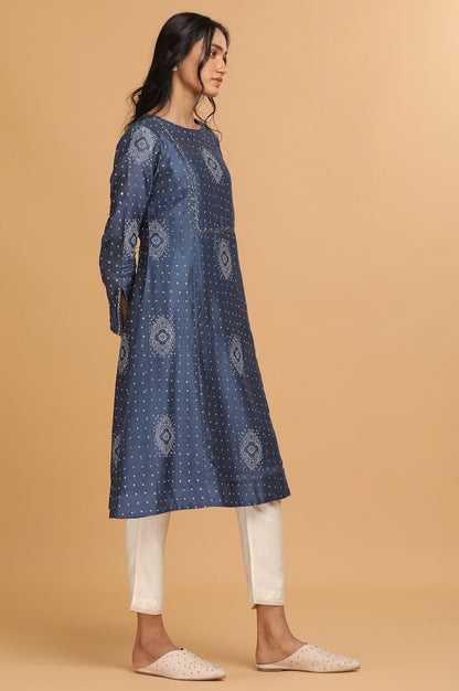 Indigo Hand Block Print kurta in Cotton Silk