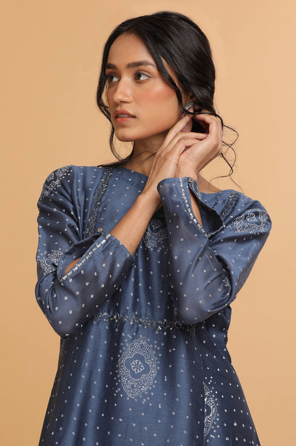 Indigo Hand Block Print kurta in Cotton Silk