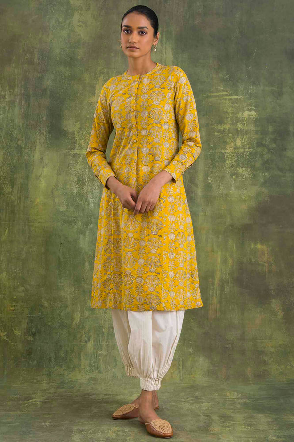Yellow Hand Block Printed Shirt Dress