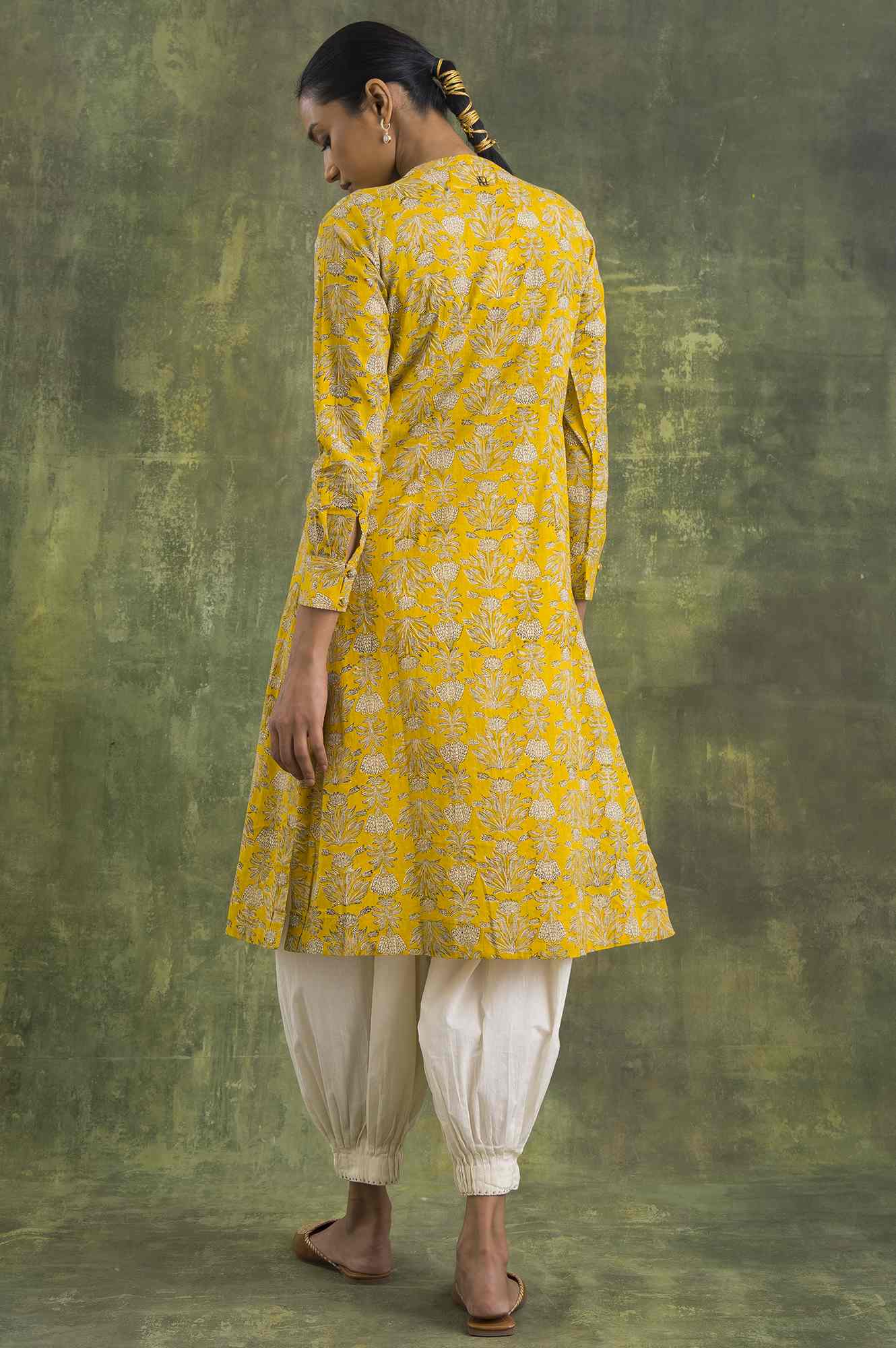 Yellow Hand Block Printed Shirt Dress