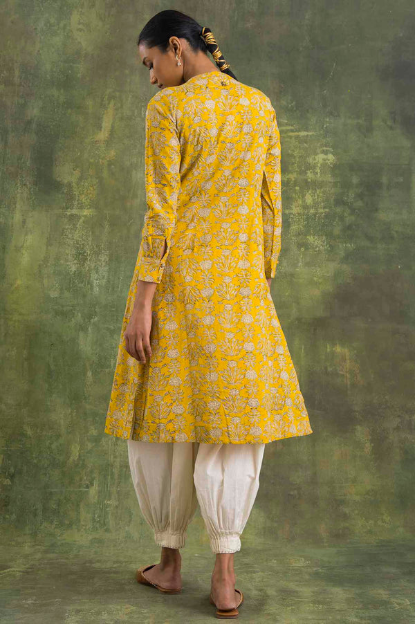 Yellow Hand Block Printed Shirt Dress