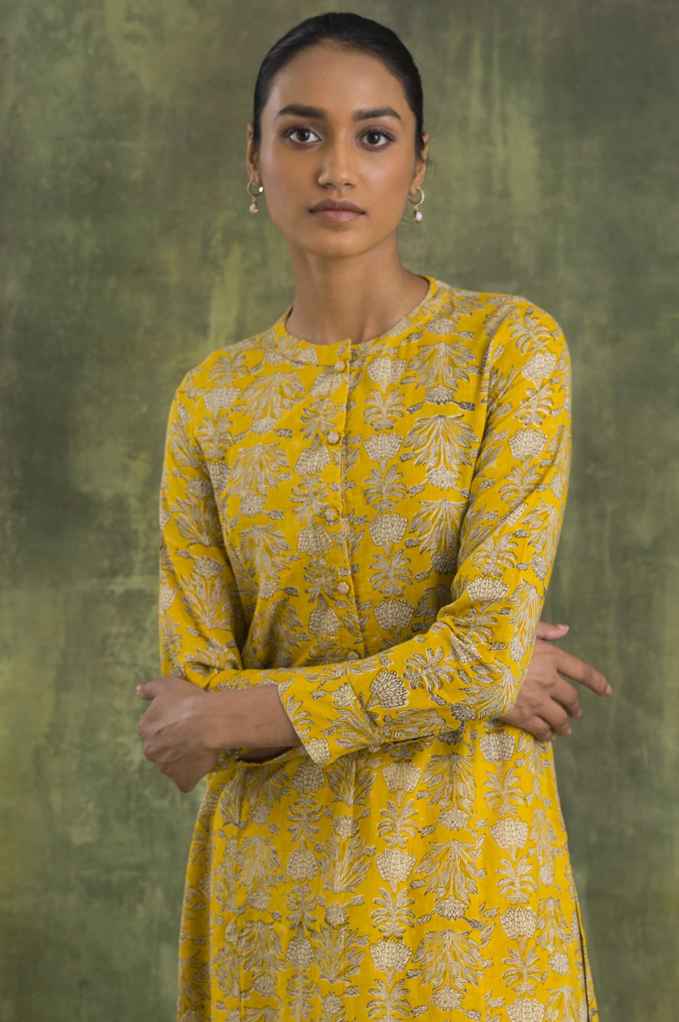 Yellow Hand Block Printed Shirt Dress