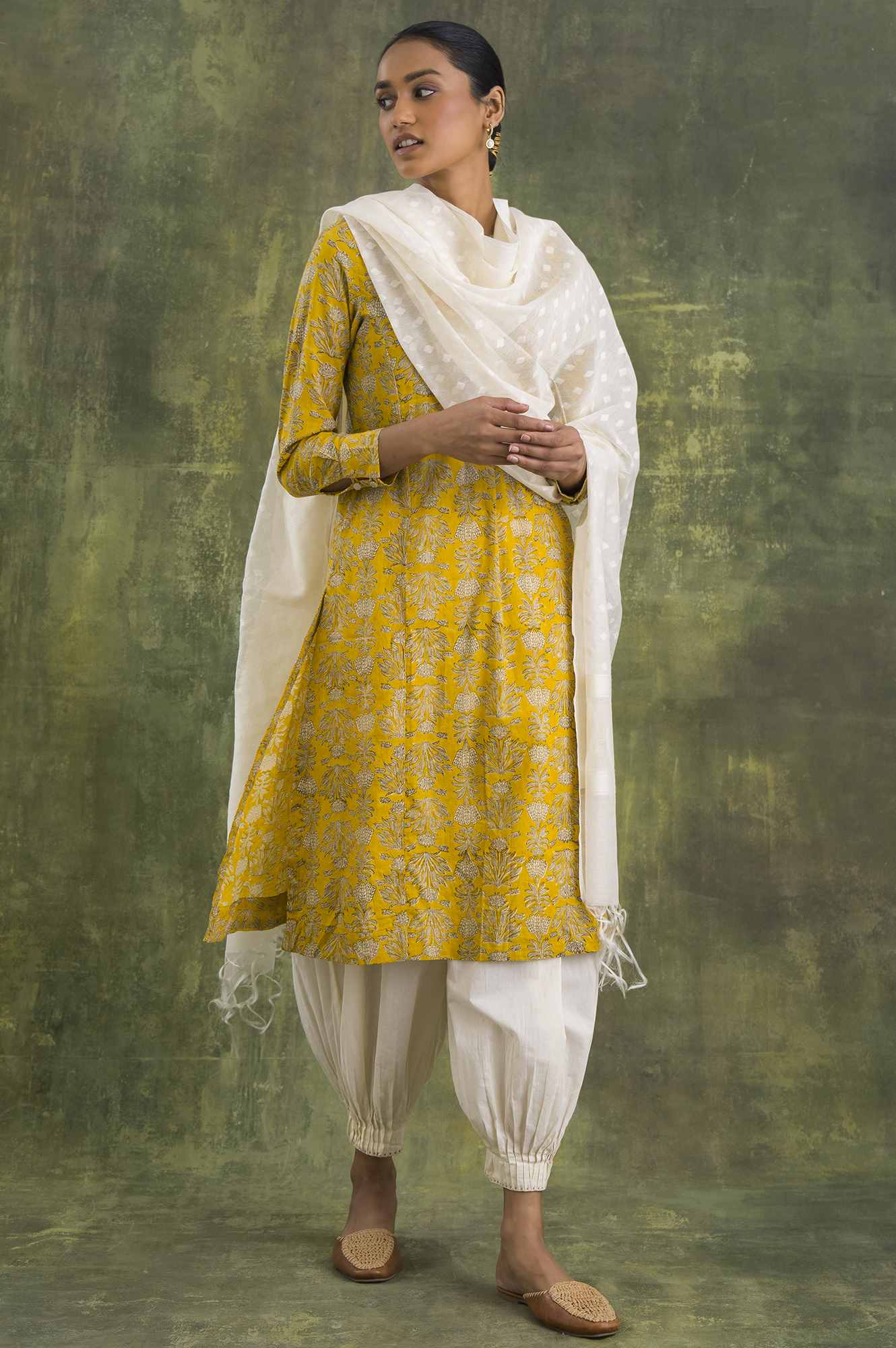 Yellow Hand Block Printed Shirt Dress