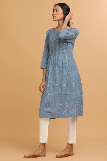 Indigo Hand Block Print Pintuck Dress
