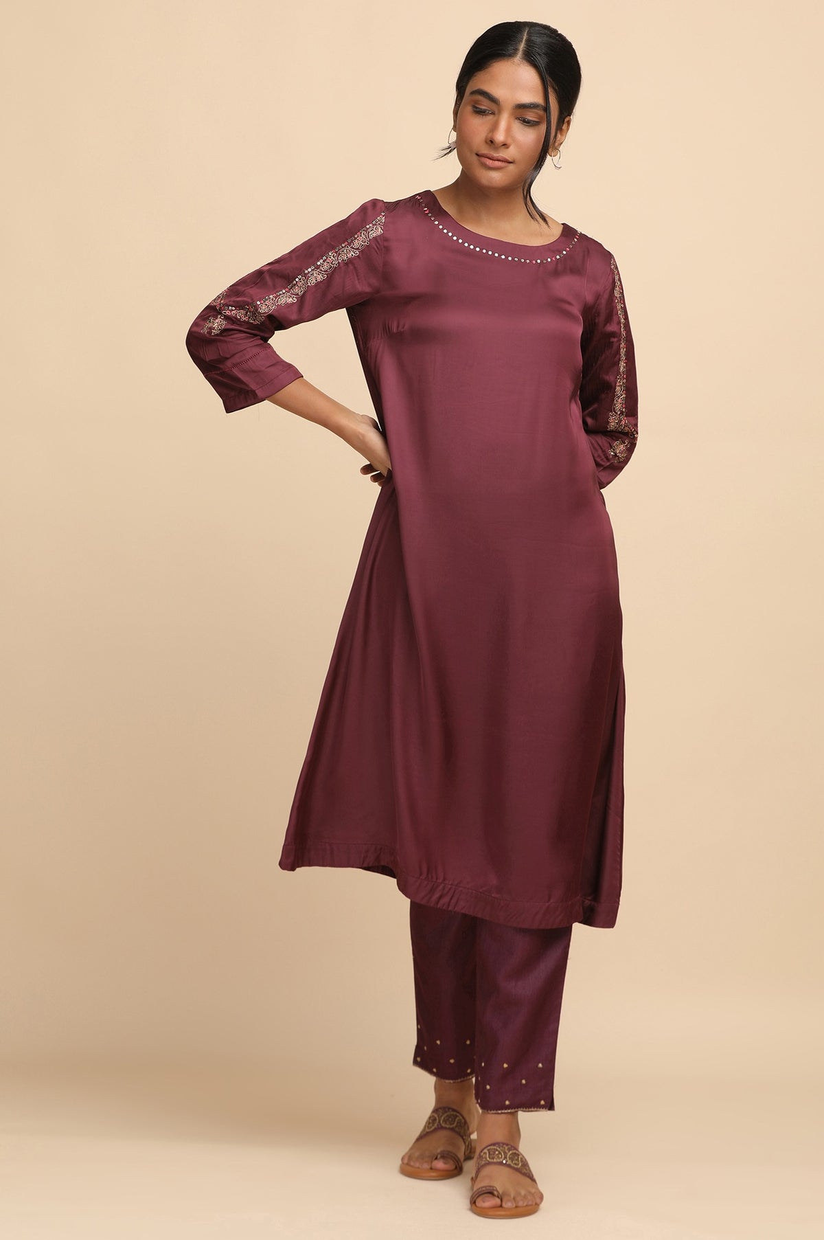 Prune Modal Satin Solid kurta - XS