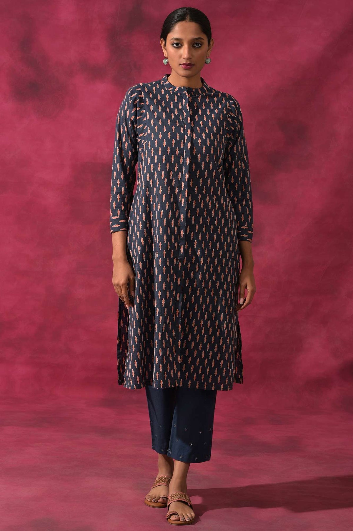 Dark Blue Shirt Dress In Hand Block Print - XS