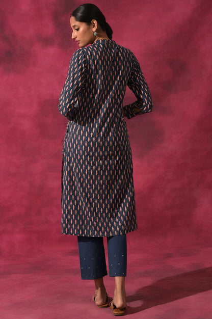 Dark Blue Shirt Dress In Hand Block Print