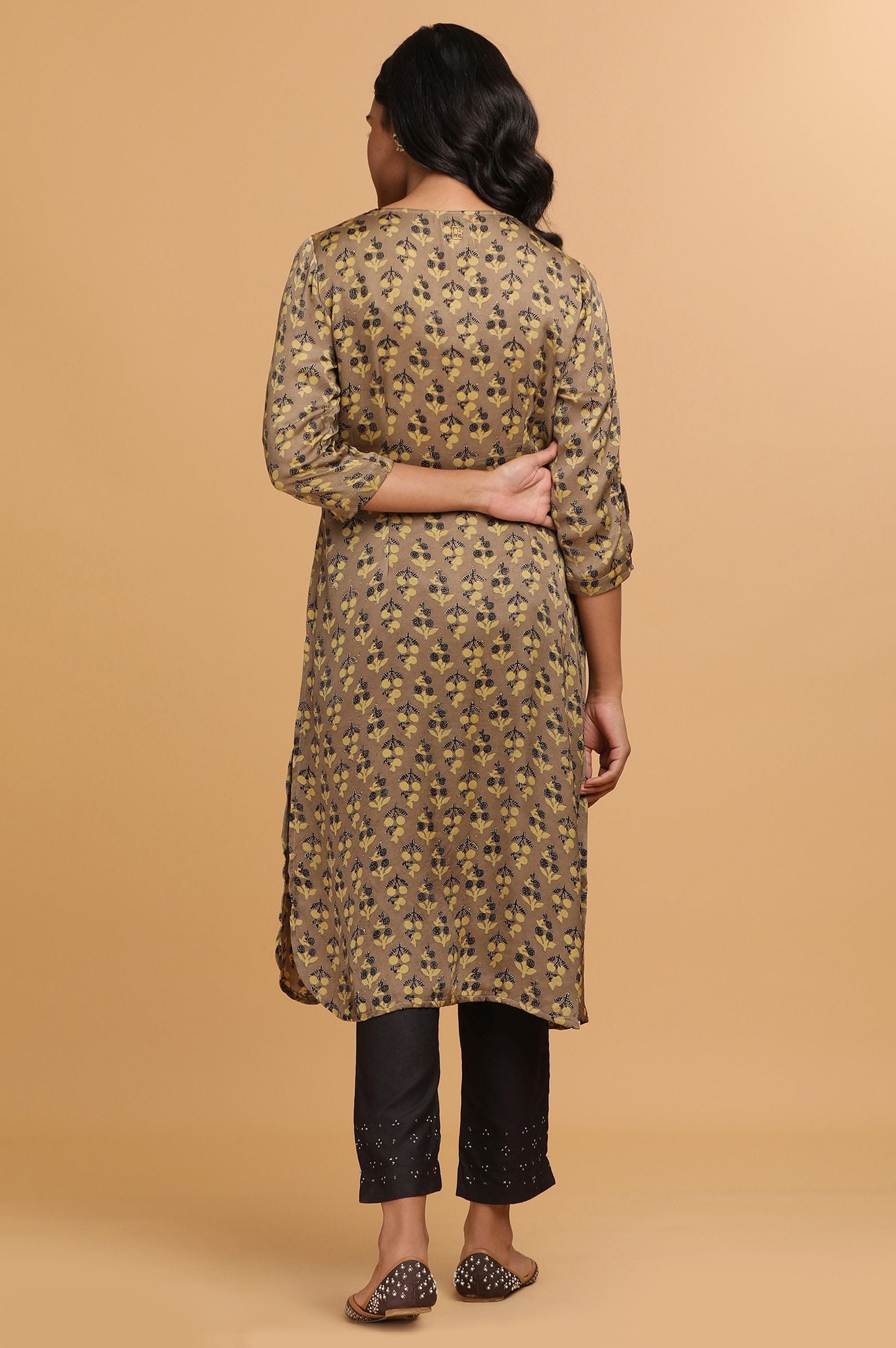 Beige Ajrakh Print Mid-Length kurta
