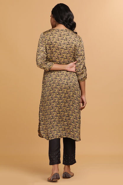 Beige Ajrakh Print Mid-Length kurta