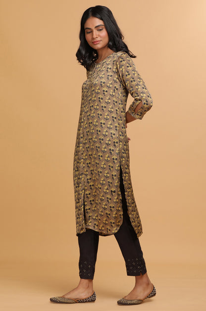 Beige Ajrakh Print Mid-Length kurta
