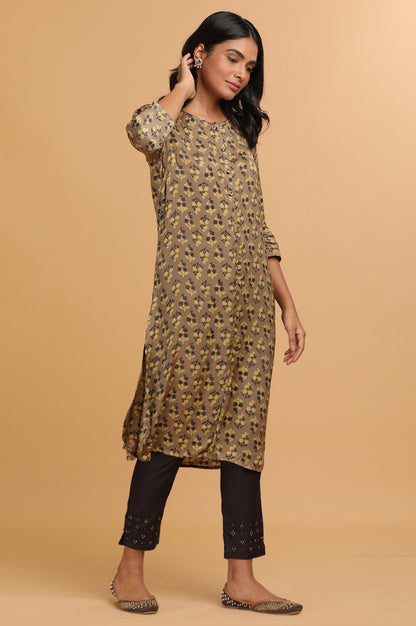 Beige Ajrakh Print Mid-Length kurta