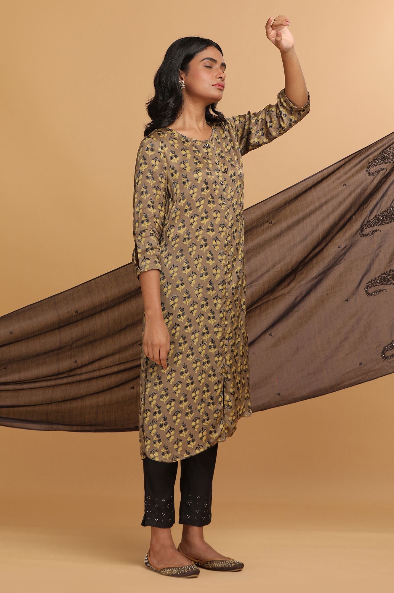 Beige Ajrakh Print Mid-Length kurta