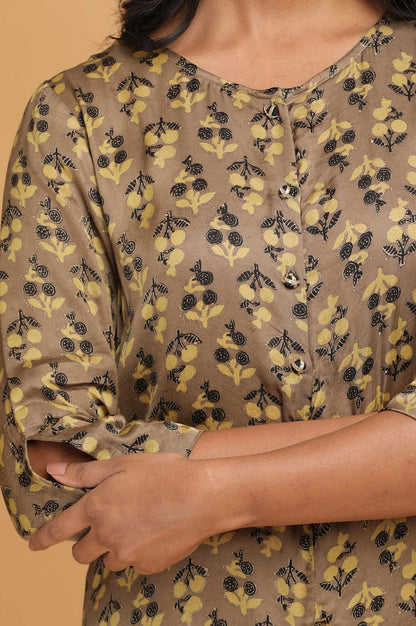 Beige Ajrakh Print Mid-Length kurta