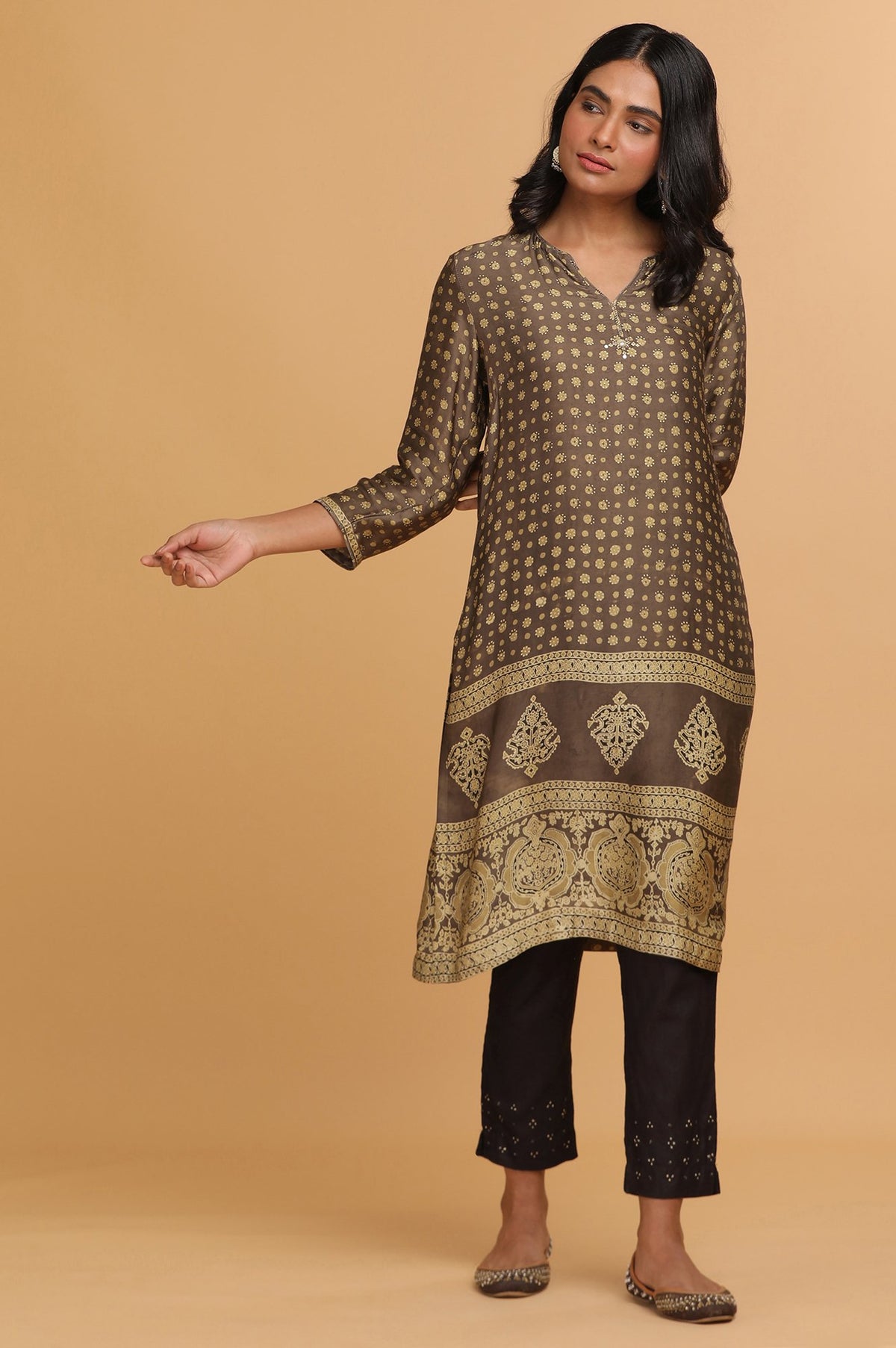 Olive Green Lustrous kurta in Ajrakh Print - XS