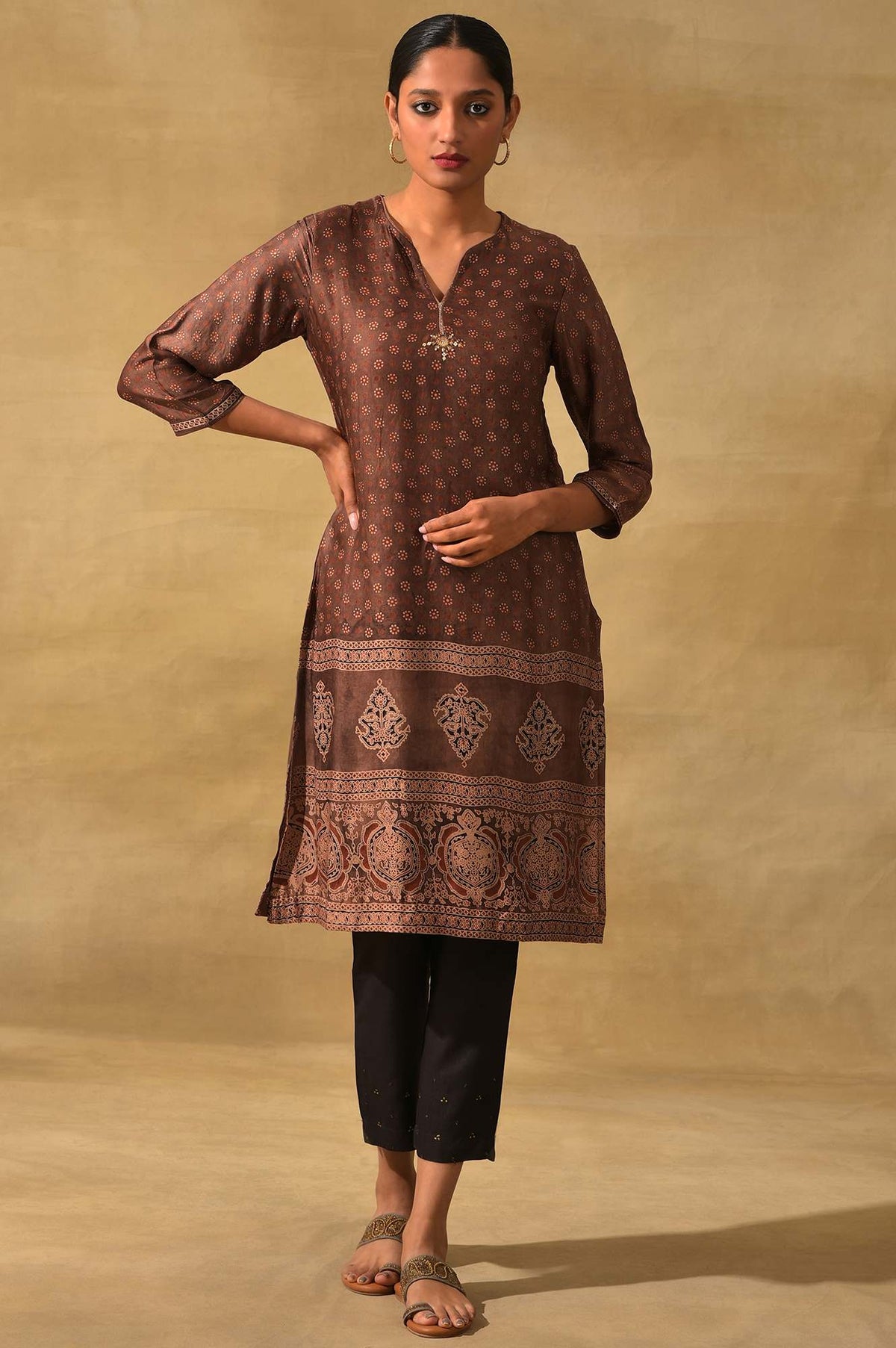 Rust Ajrakh Print kurta In Lustrous Satin - XS