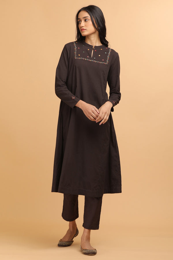 Dark Brown Panelled kurta in Kutch embroidery