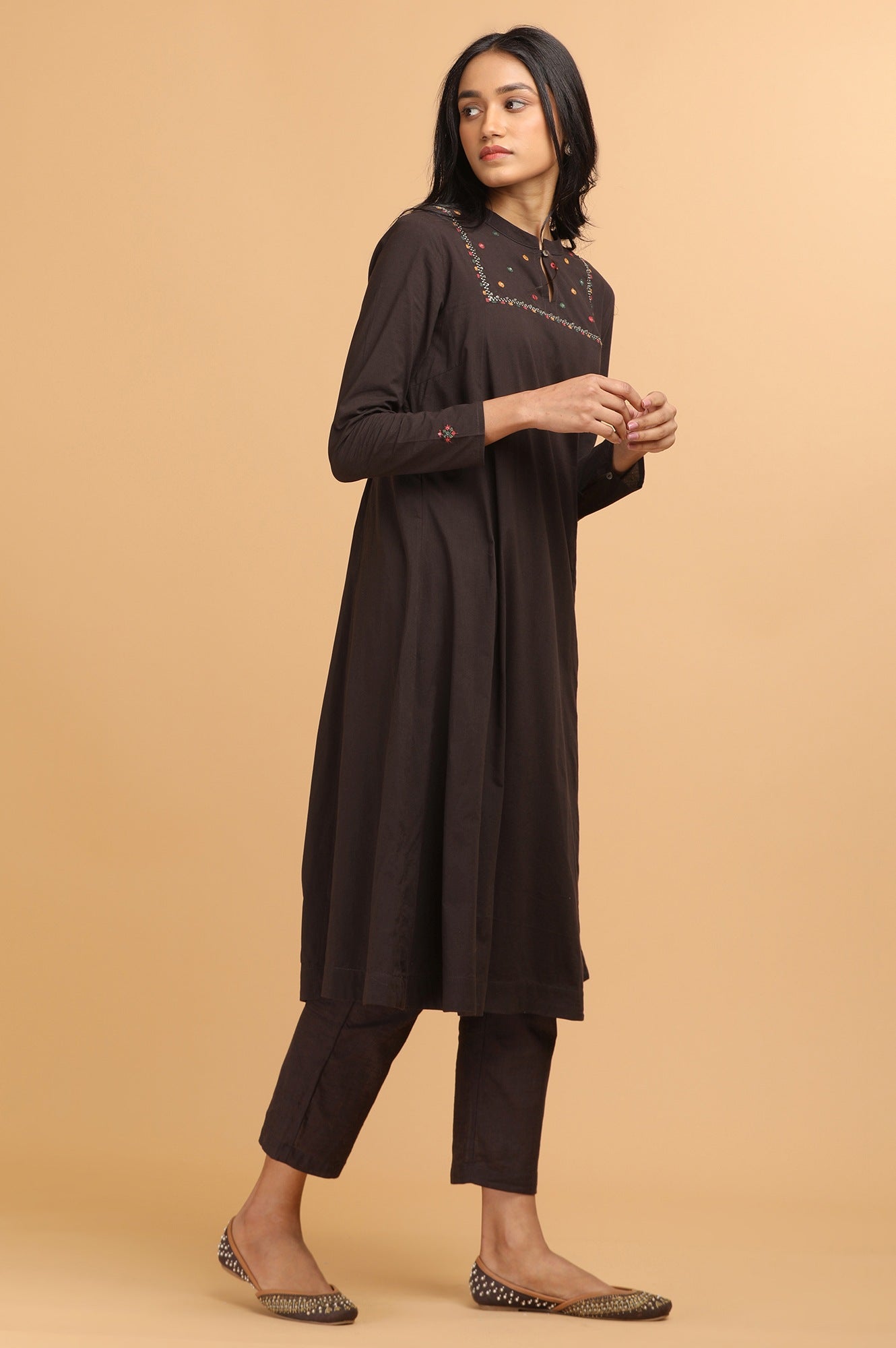 Dark Brown Panelled kurta in Kutch embroidery