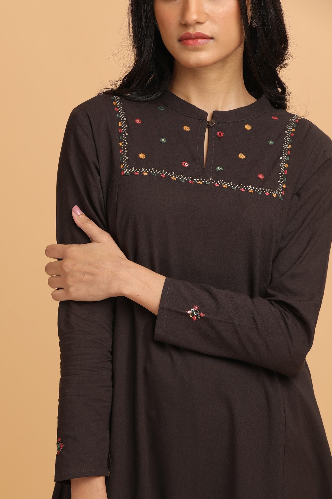 Dark Brown Panelled kurta in Kutch embroidery