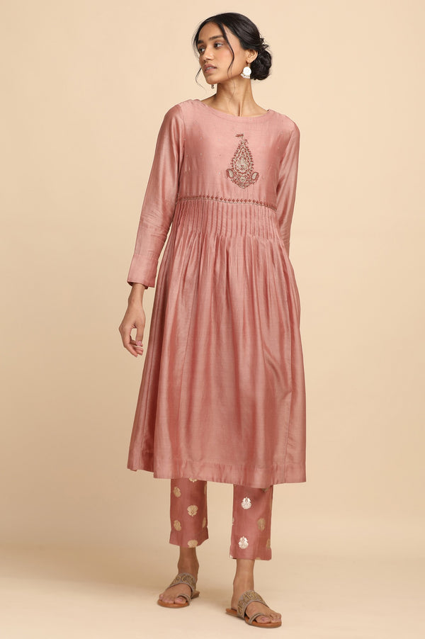 Dusty Pink Pleated kurta in Cotton Silk