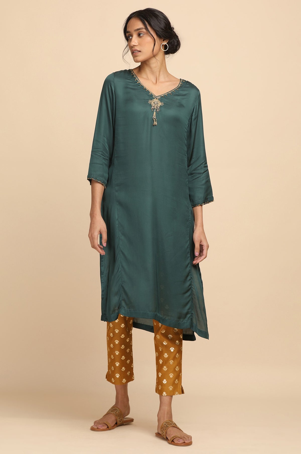 Teal Solid kurta in lustrous Modal Satin - XS