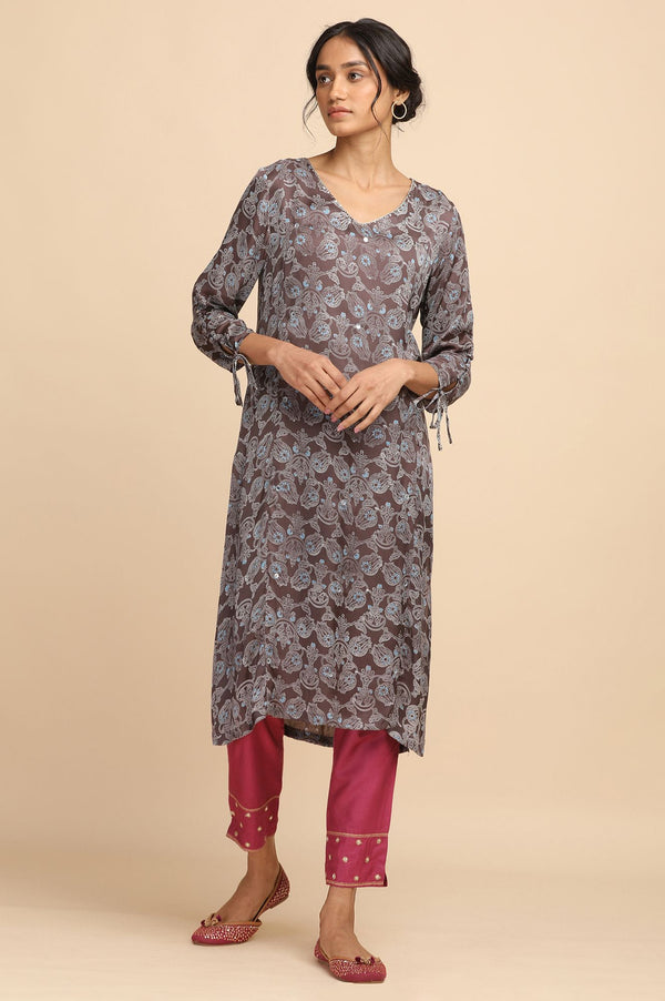 Dark Grey Ajrakh Print kurta in Modal Satin