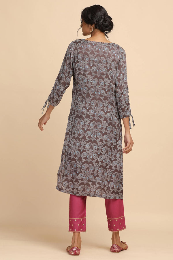 Dark Grey Ajrakh Print kurta in Modal Satin