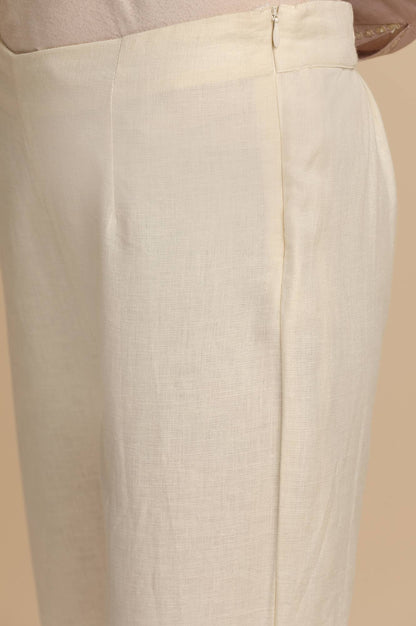 Ecru Solid Cotton Slim Pants