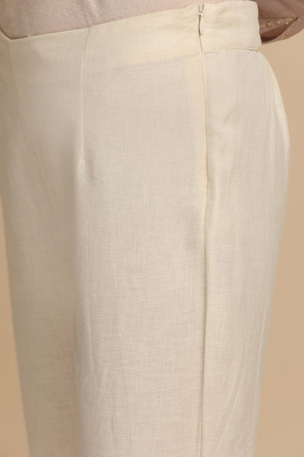 Ecru Solid Cotton Slim Pants