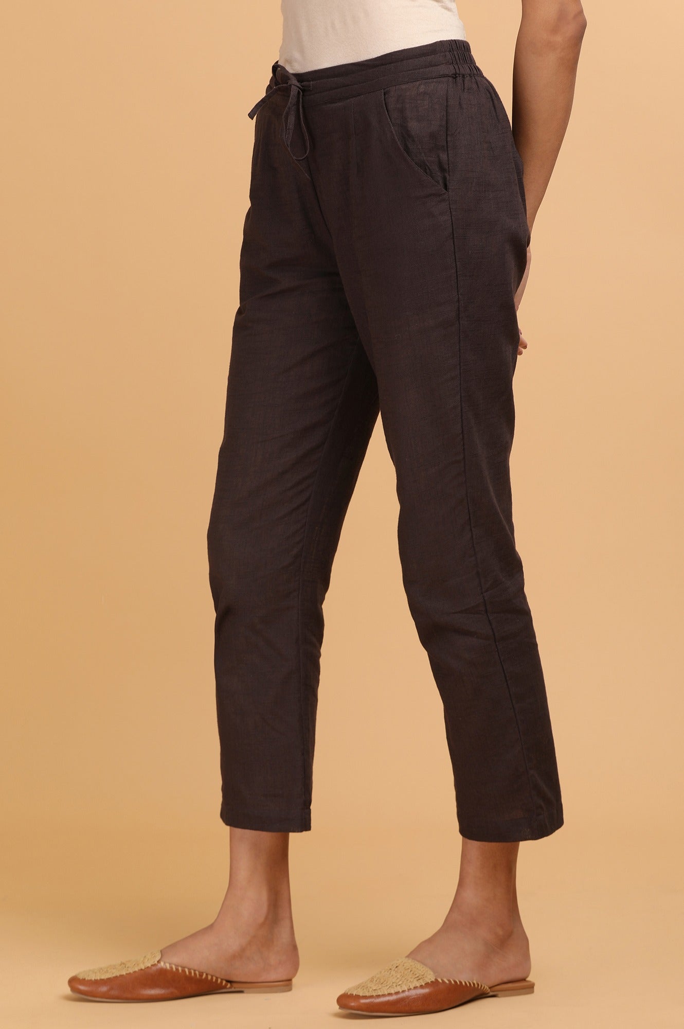 Brown Solid Plain Straight Cotton Pant