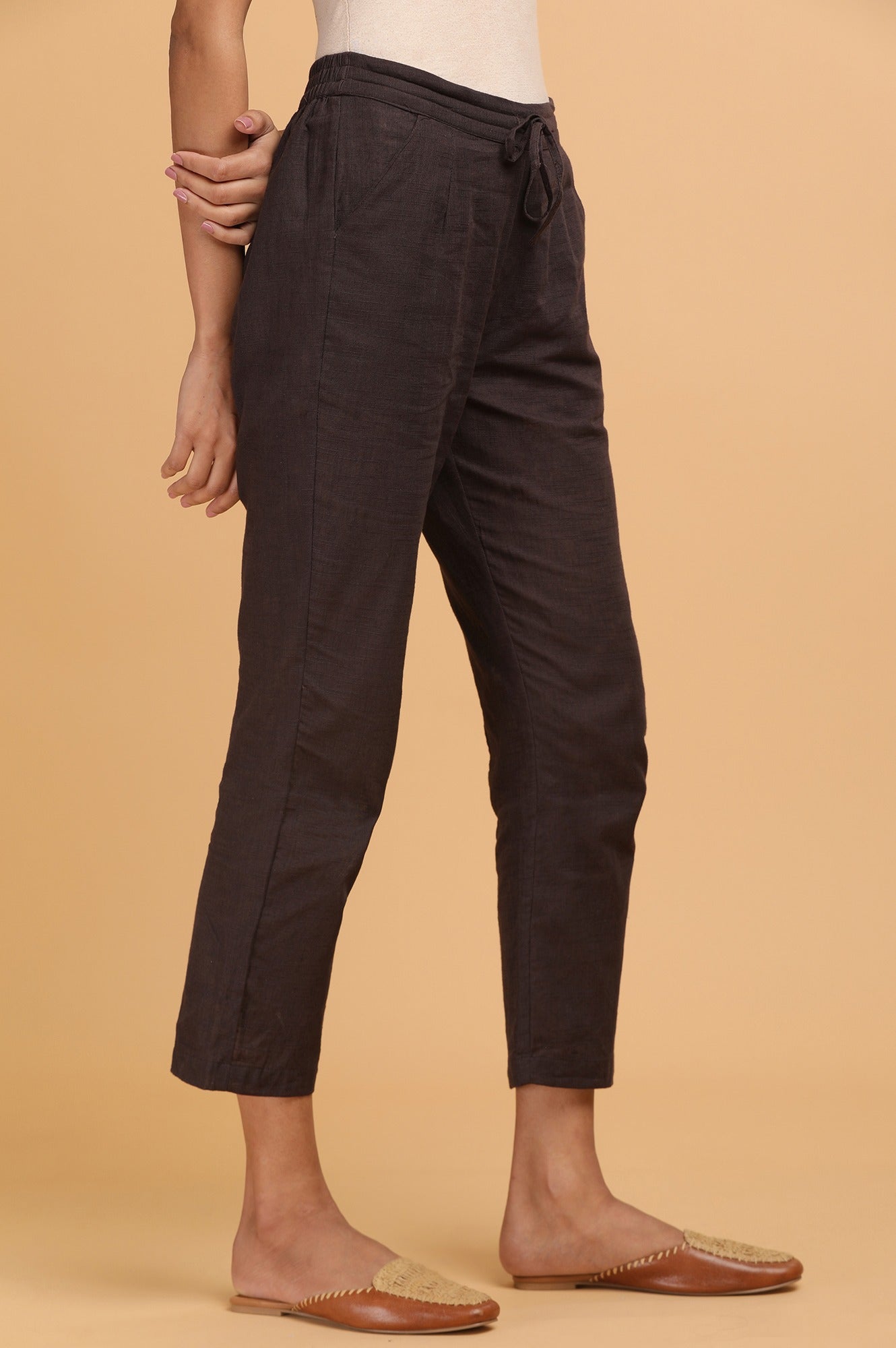 Brown Solid Plain Straight Cotton Pant
