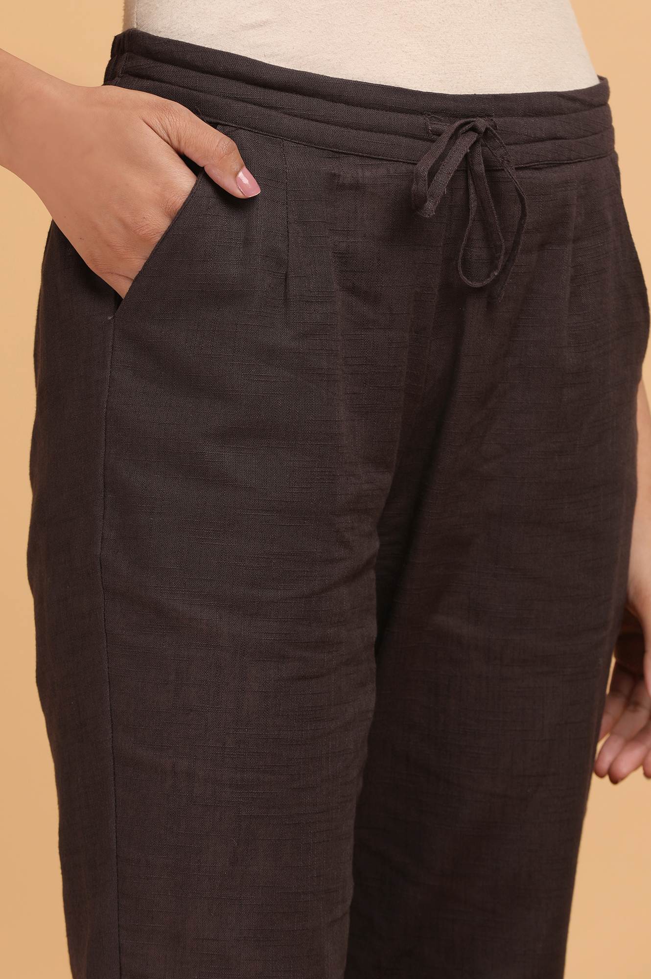 Brown Solid Plain Straight Cotton Pant