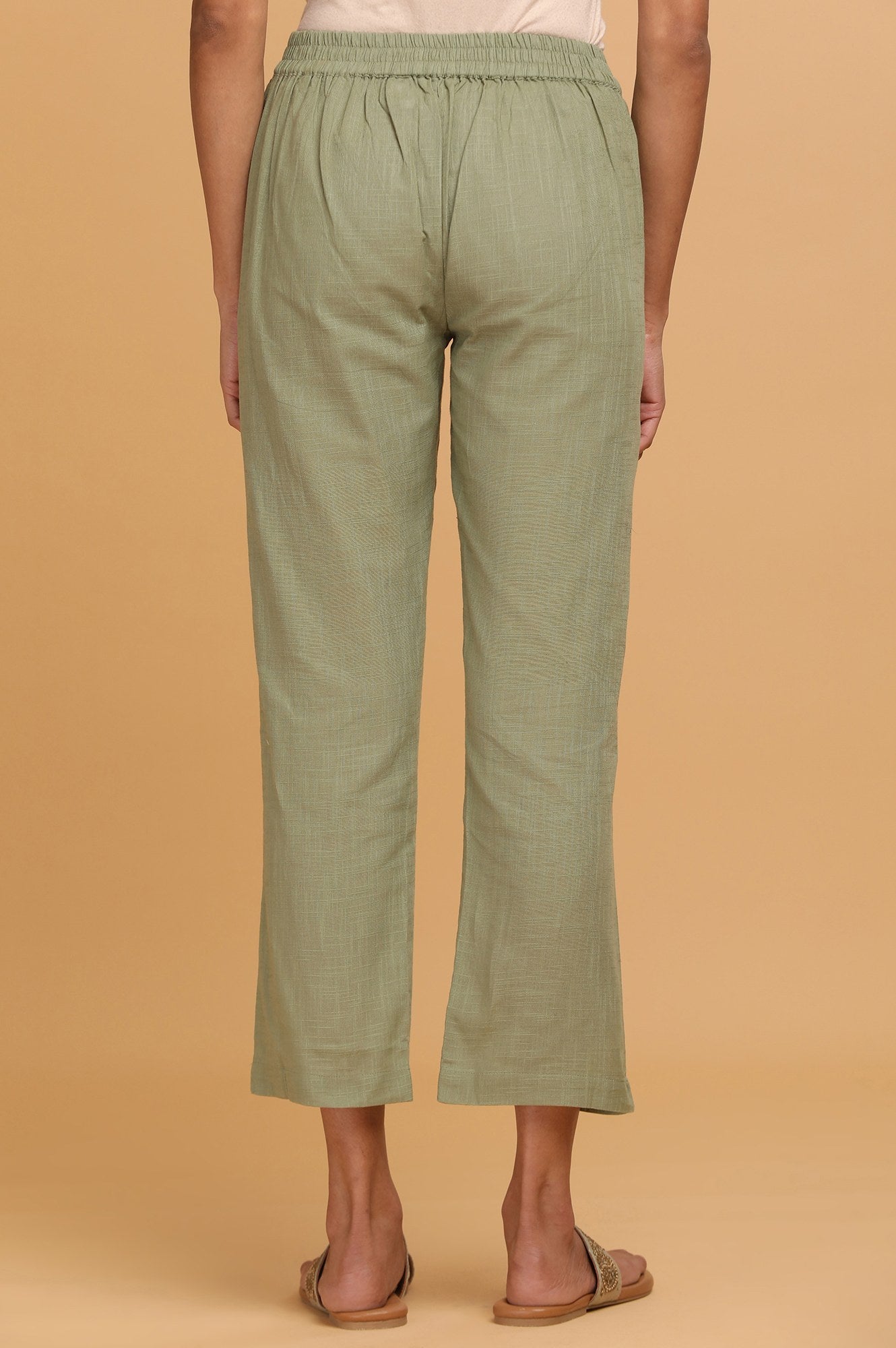 Green Solid Straight Pants