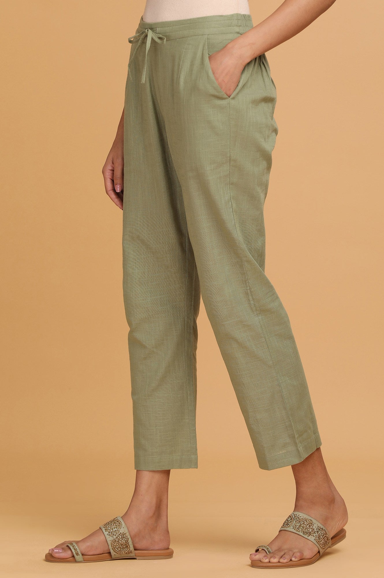 Green Solid Straight Pants