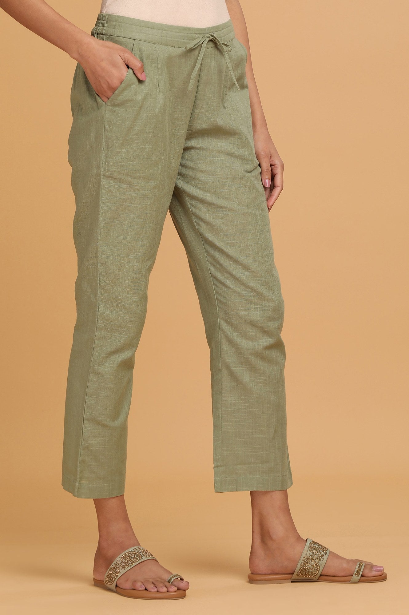 Green Solid Straight Pants