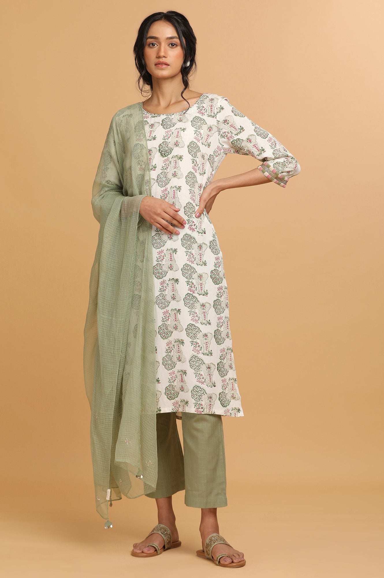 Green Solid Straight Pants