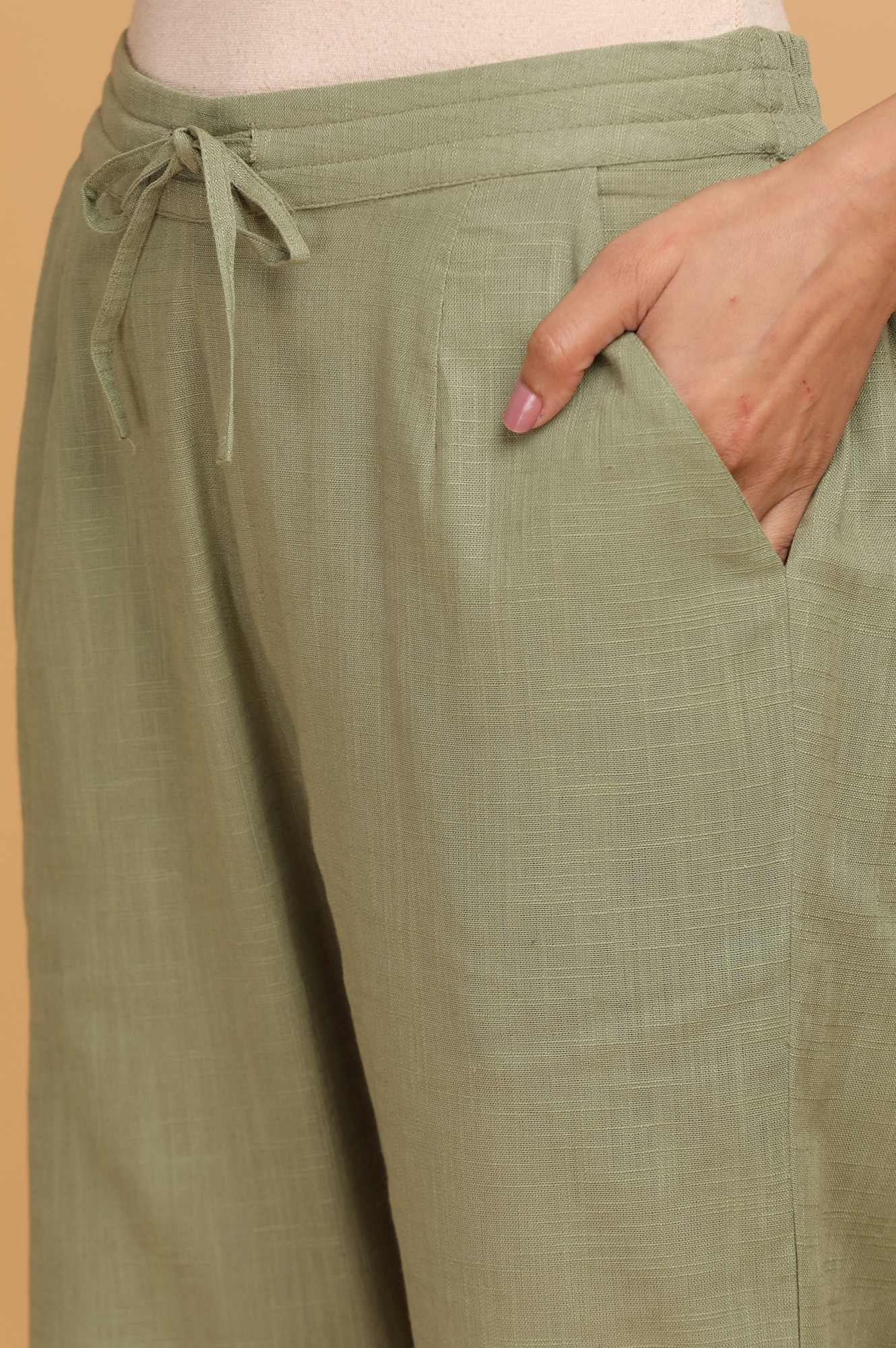 Green Solid Straight Pants