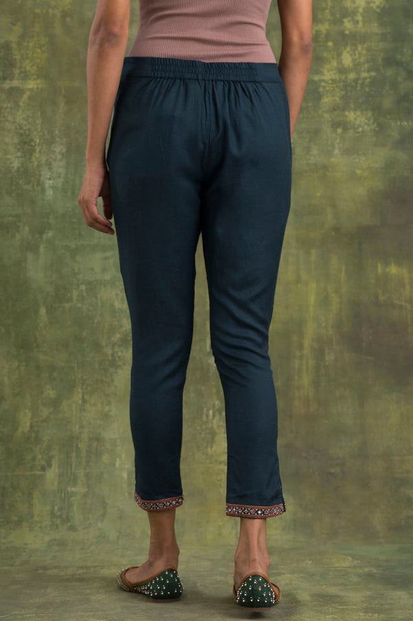 Teal Blue Solid Slim Pants