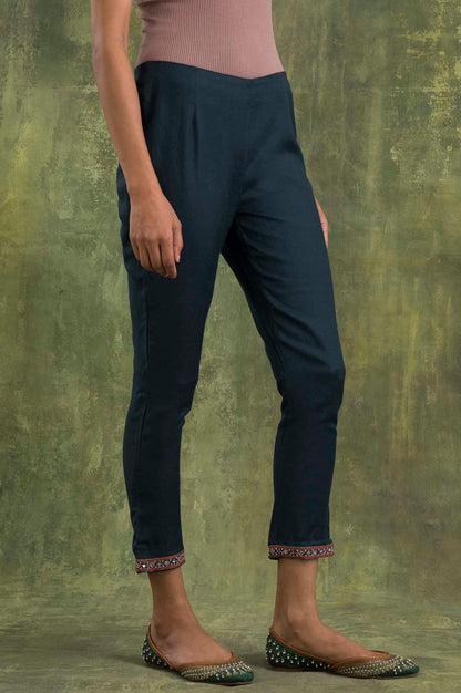 Teal Blue Solid Slim Pants