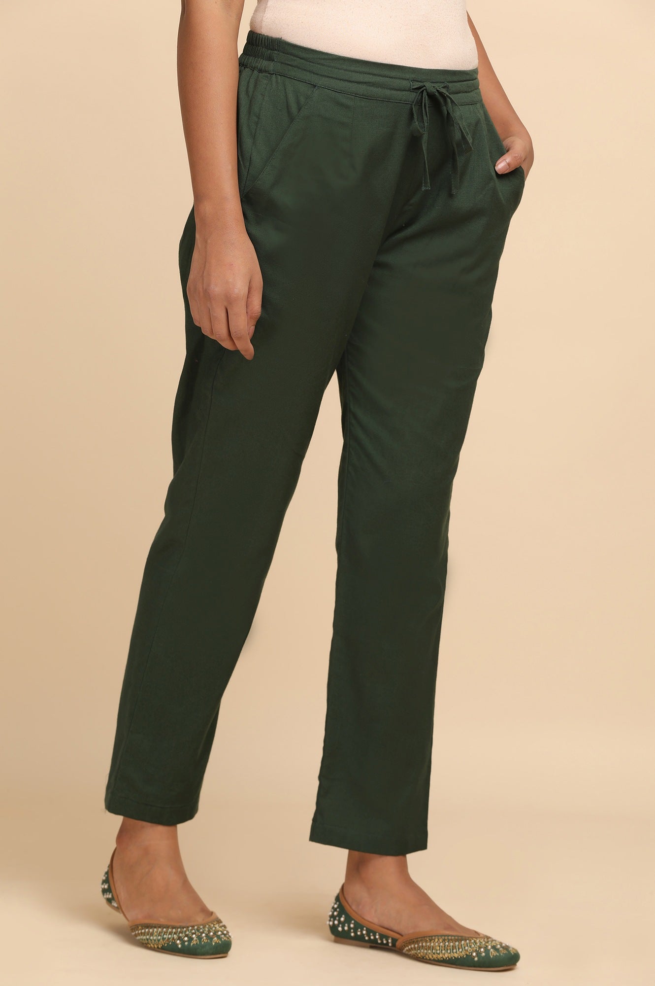 Dark Green Solid Straight Pants