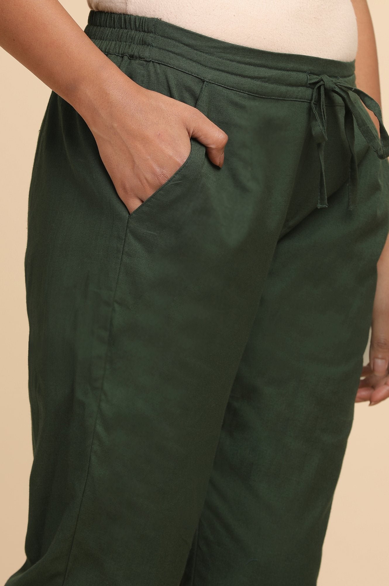 Dark Green Solid Straight Pants