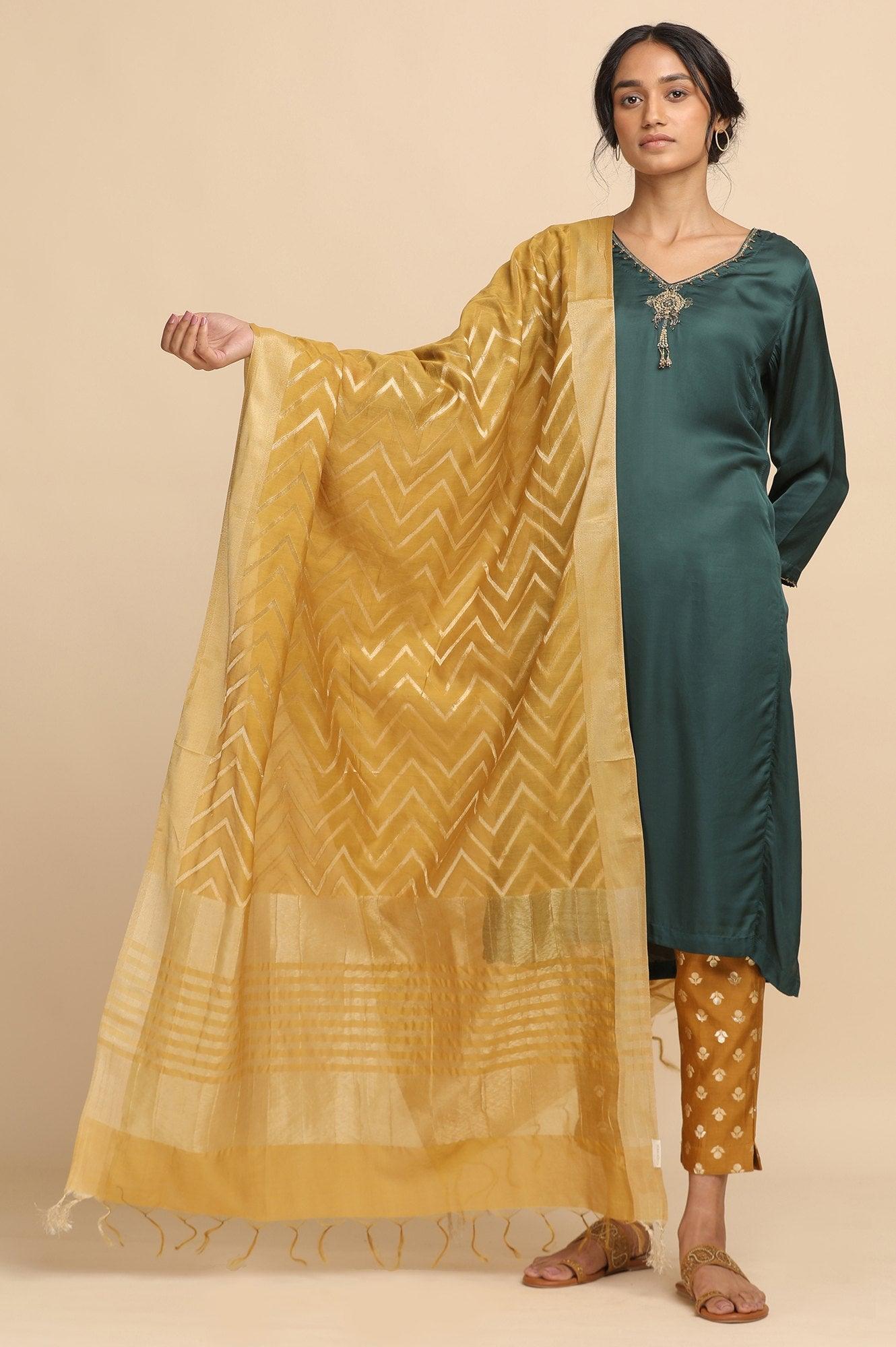 Mustard Cotton Silk Jacquard Drape - wforwoman