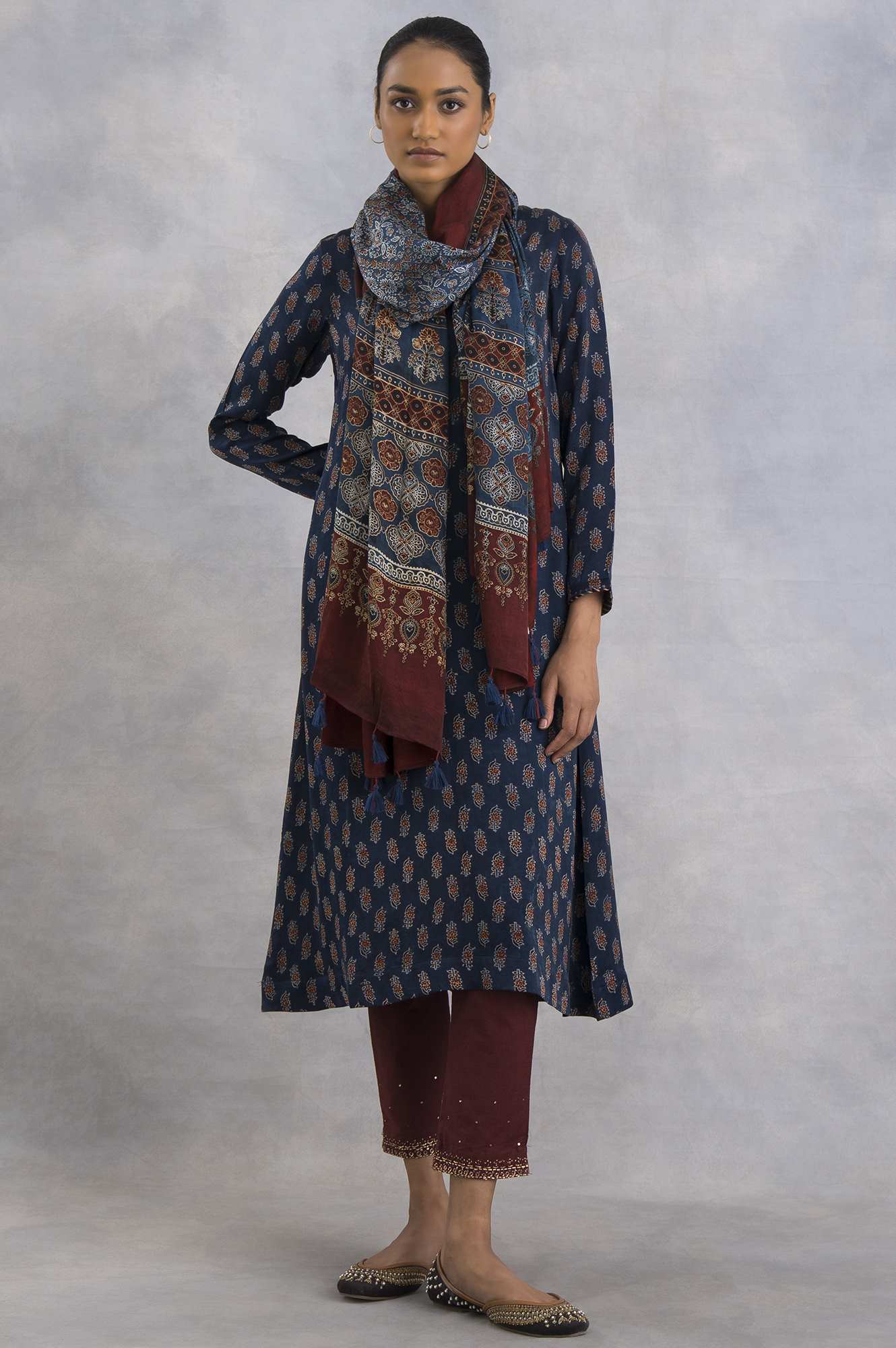 Blue Floral Printed Tassel Modal Satin Dupatta