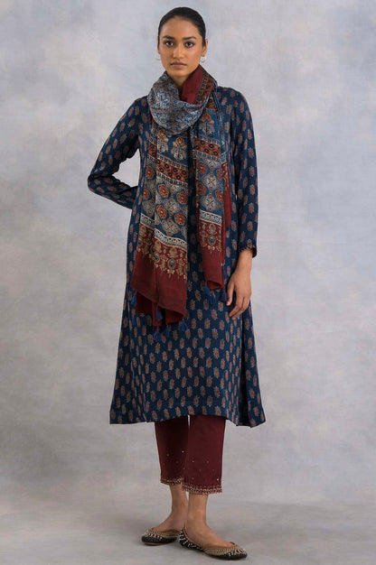 Blue Floral Printed Tassel Modal Satin Dupatta