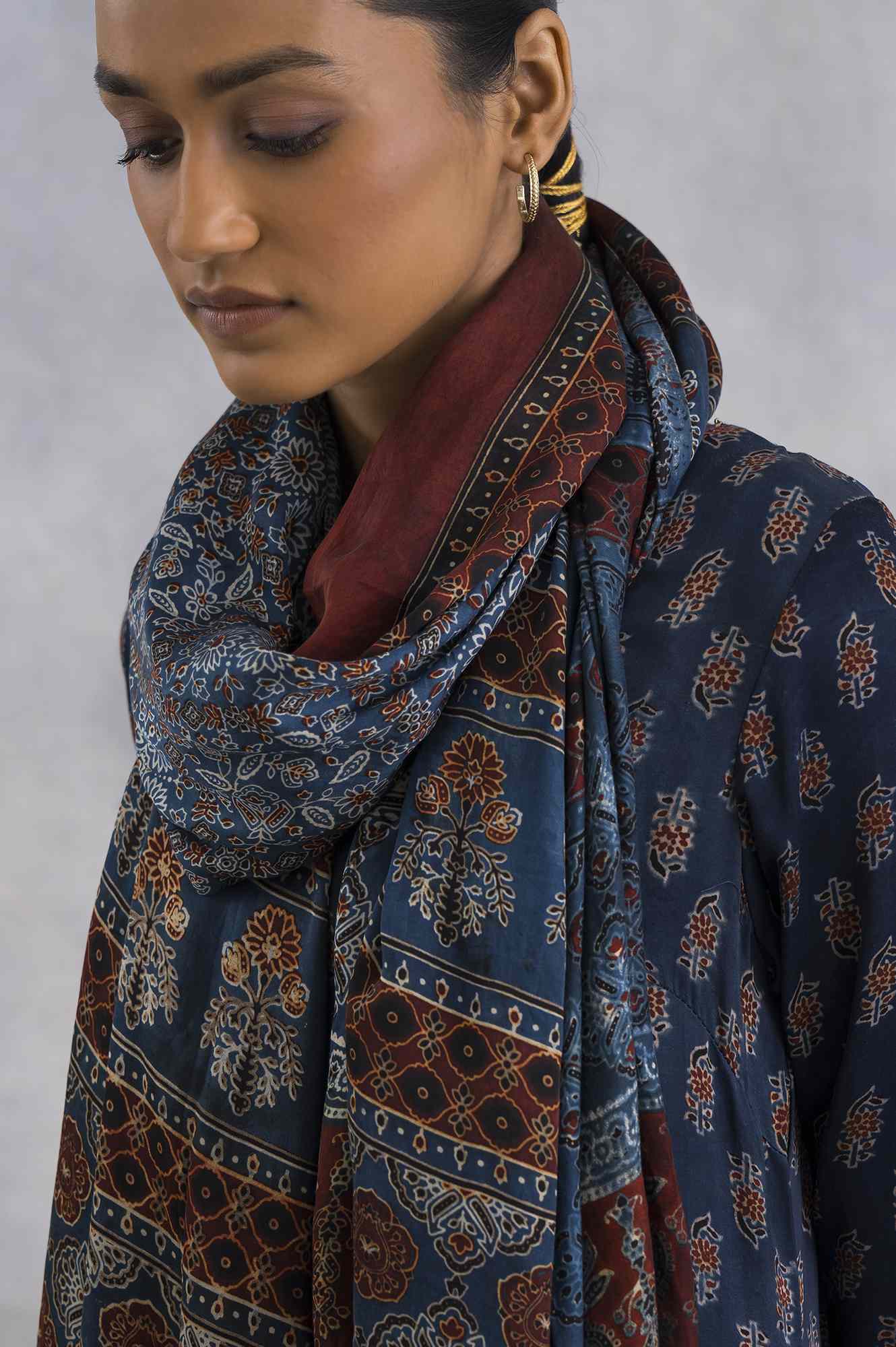 Blue Floral Printed Tassel Modal Satin Dupatta