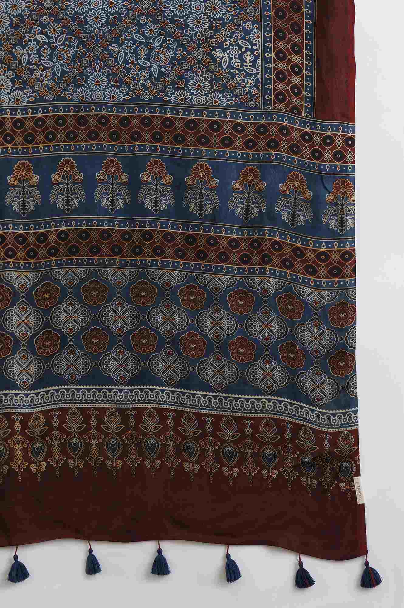 Blue Floral Printed Tassel Modal Satin Dupatta