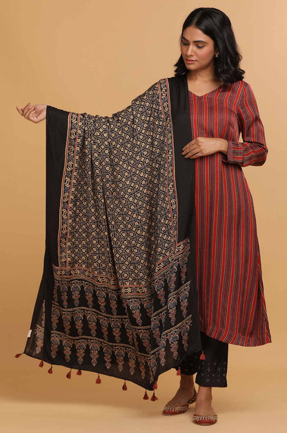 Black Geometric Ajrakh Printed Tasselled Modal Satin Dupatta