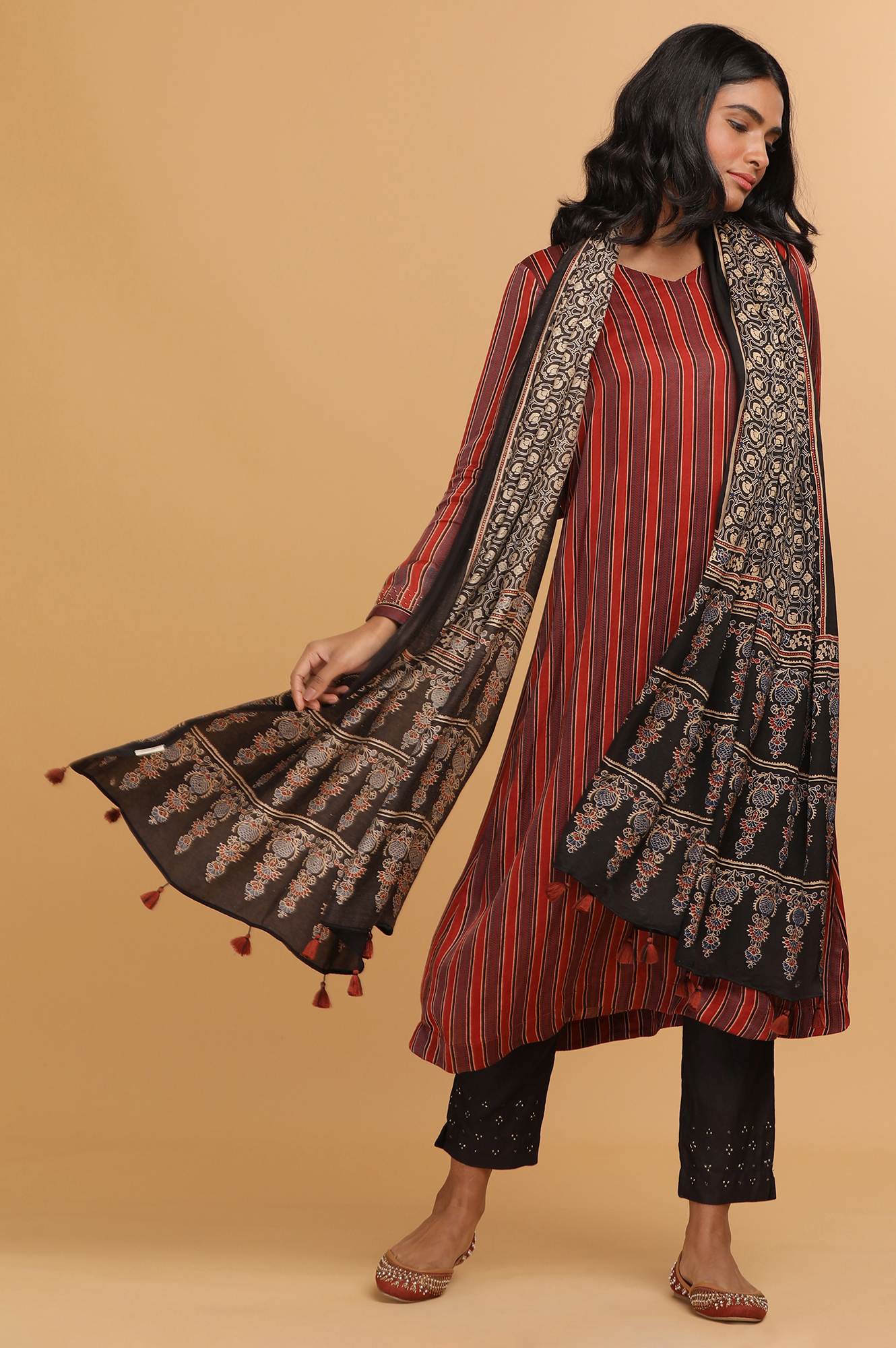 Black Geometric Ajrakh Printed Tasselled Modal Satin Dupatta