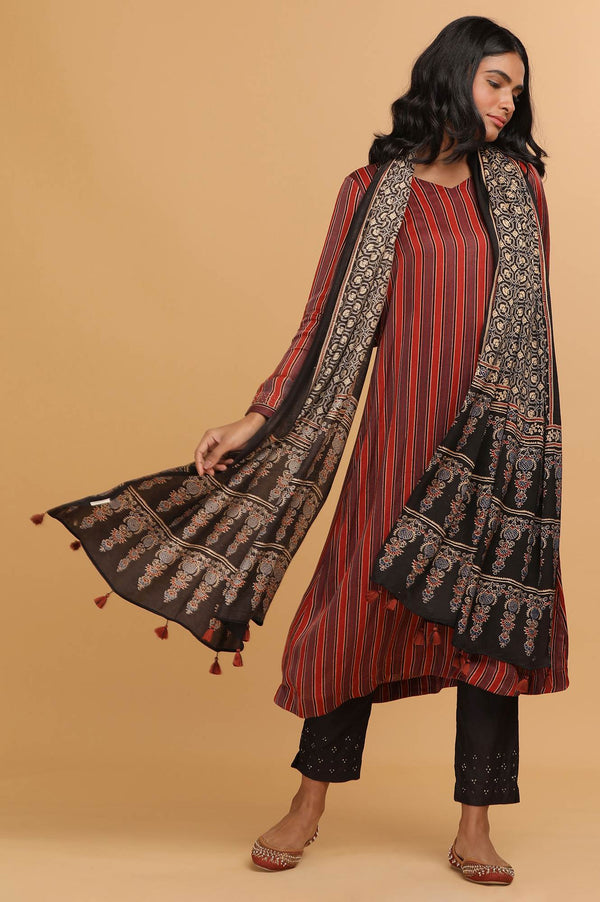 Black Geometric Ajrakh Printed Tasselled Modal Satin Dupatta